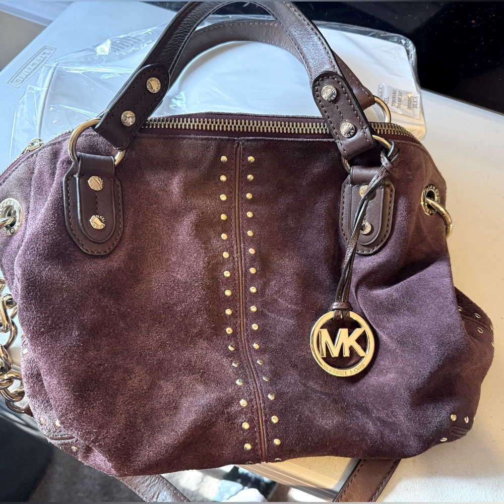Michael Kors Brown Suede Handbag with Gold Accents. 2 handles and Shoulder Strap